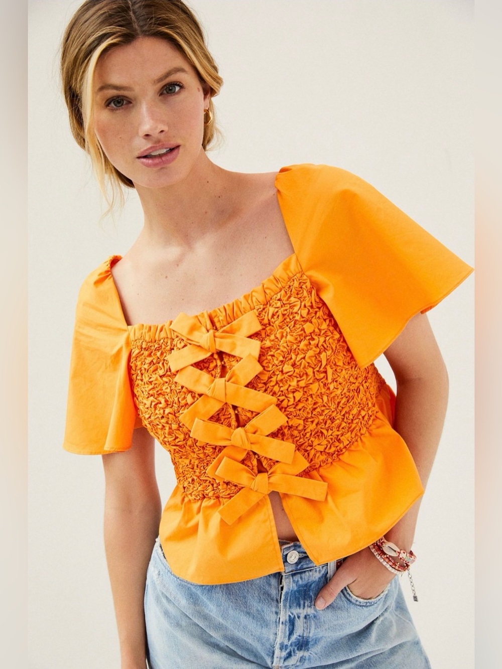Anthropologie Mare Mare Smocked Bow-Tie Tank in Coral